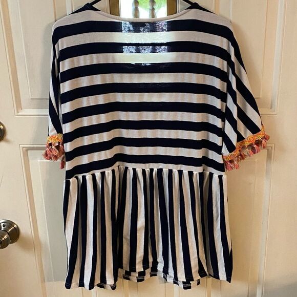 Entro Navy and White Striped Shirt with Neon Tassels Fringe Medium - Picture 2 of 8